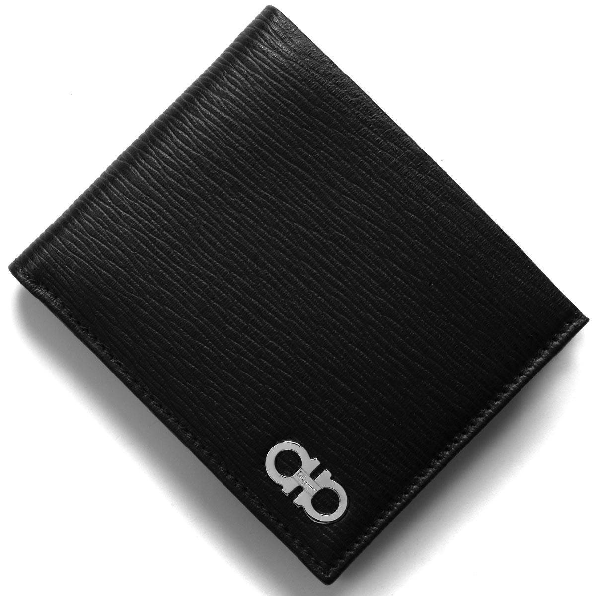 フェラガモ ガンチーニ 二つ折り財布 黒× シルバー金具 イタリア製✨未使用級✨