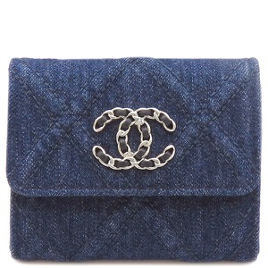 シャネル チェーンウォレット CHANEL 19 フラップ コインパース デニム ネイビー デニム 紺 シルバー金具 ゴールド金具  AP1787 中古